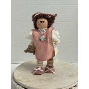 Vintage Wooden Button Doll Shelf Sitter, Wooden Spools W/Tags Girl Holding Teddy